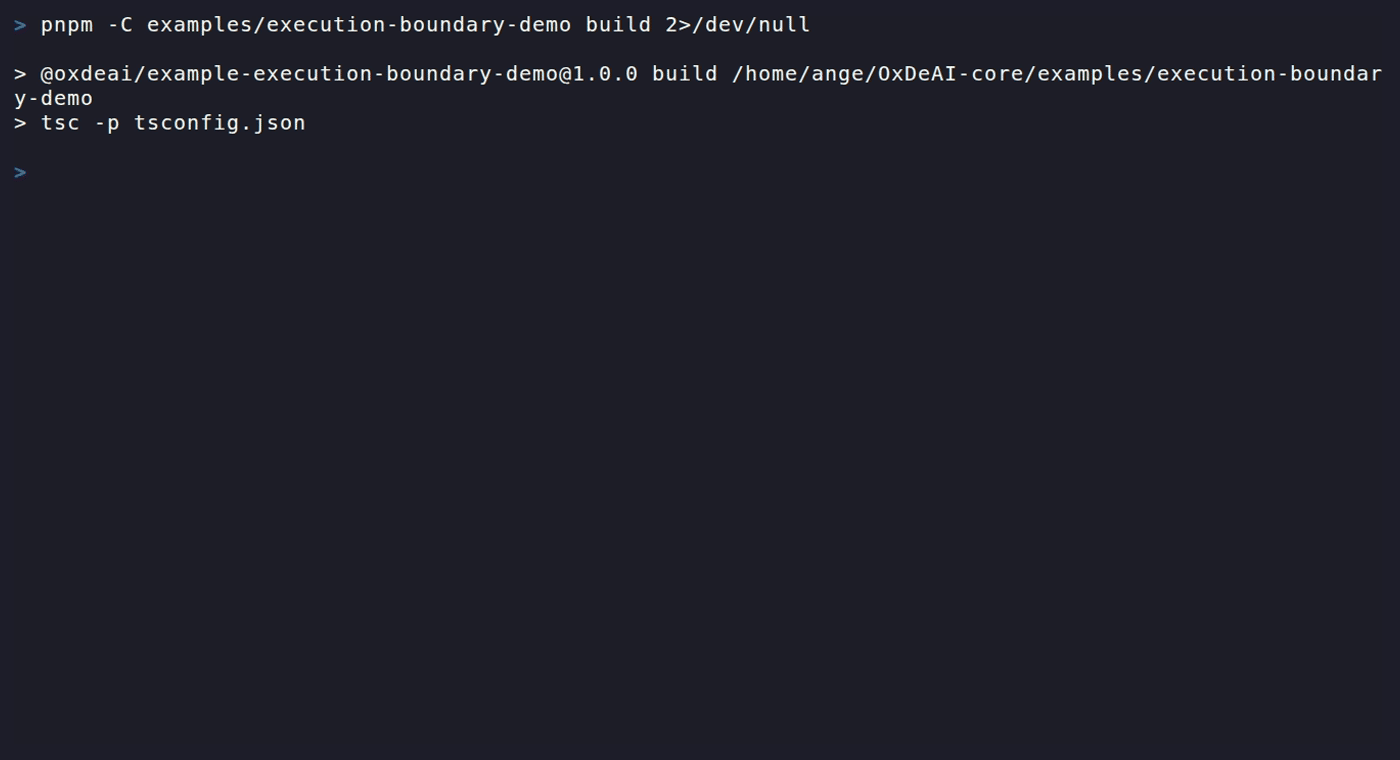 OxDeAI terminal demo: agent proposes action twice, executed once, replay blocked